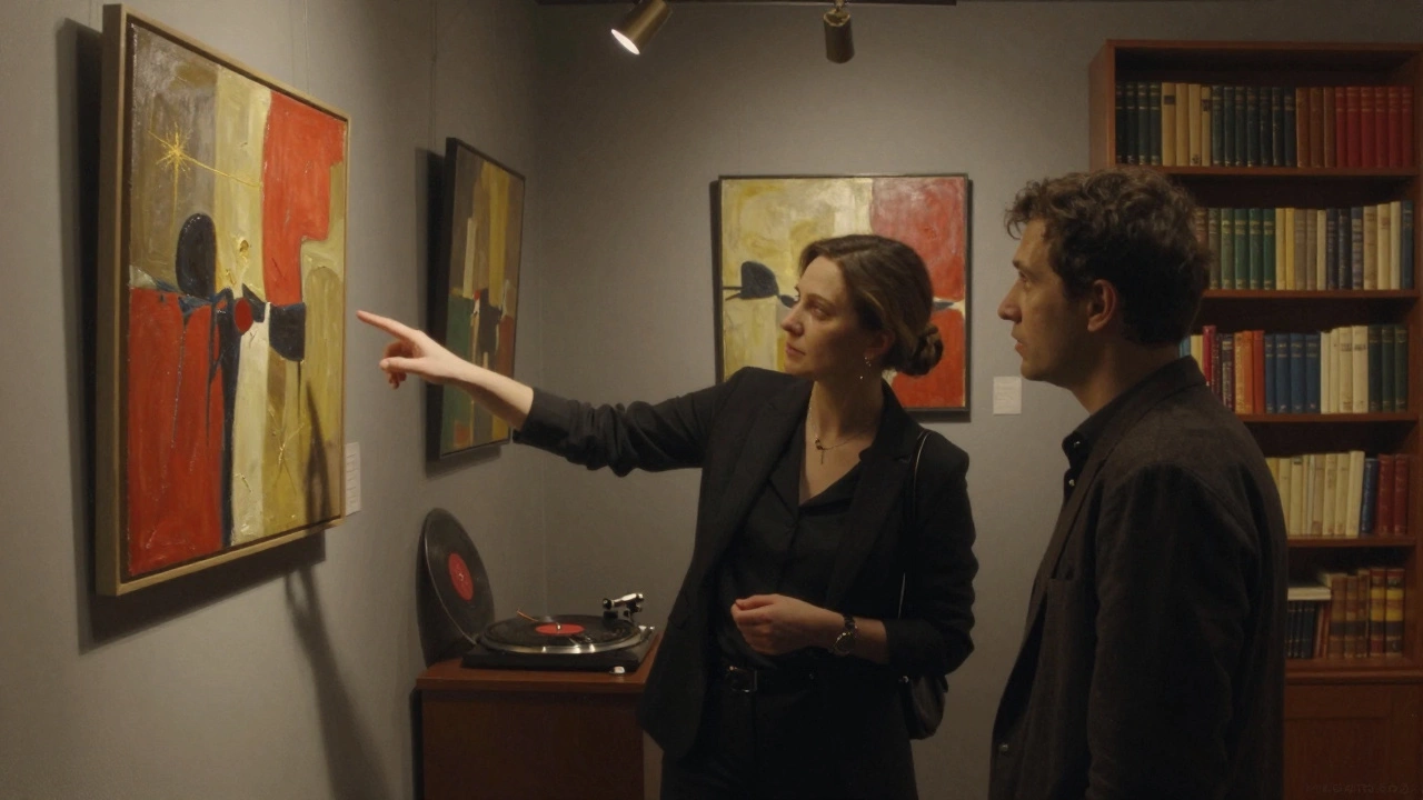A client listens intently to a companion in a Moscow art gallery, surrounded by paintings and books.