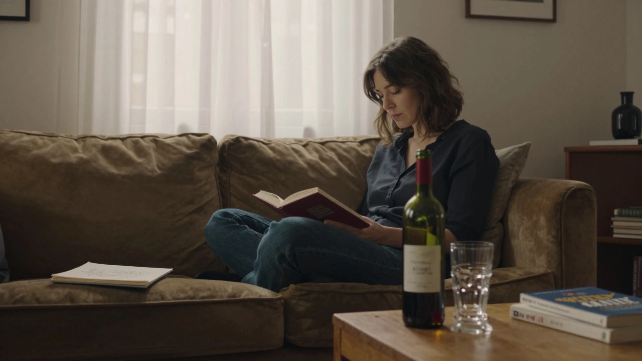 A woman reading on a sofa in a cozy Toulouse apartment with a bottle of wine and books nearby.