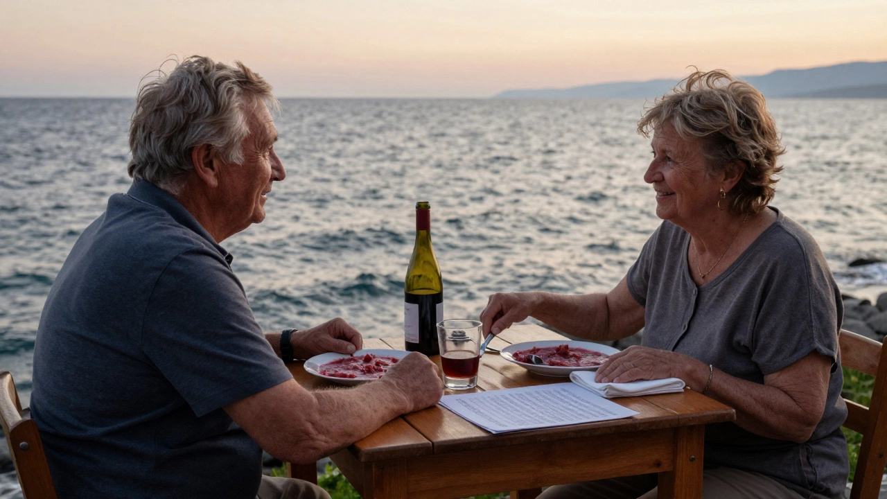An elderly couple shares a meal with a former opera singer overlooking the Black Sea at sunset.